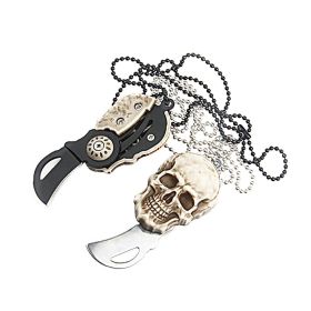 Pocket Mini Knife With Vintage Skull Design; Outdoor Camping Survival Tactical Knife; Necklace Keychain EDC Tool (Color: Black)