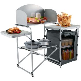 Camping Kitchen Station, Aluminum Portable Folding Camp Cook Table with Windshield, Storage Organizer and 4 Adjustable Feet, Quick Installation for Ou (Color: gray)